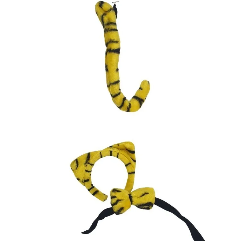 Tiger Costume Set Headband Bow Tie Tail Yellow Blk Stripes Furry Plush Accessory